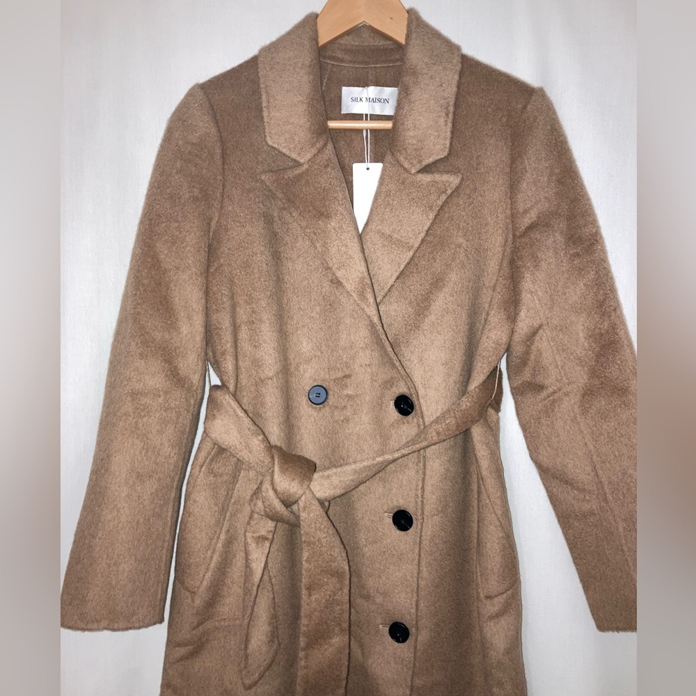 NWT Silk Maison Double-Breasted Camel Hair Maxi Trench Coat In Tan Sz Large - Picture 6 of 15